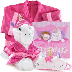 Tickle & Main Unicorn Gifts for Girls to Stay in Set of 4, Includes Unicorn Storybook, Plush Toy, Sleeping Mask and Bathrobe, Age 4+, pink