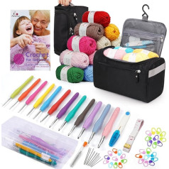 Aeelike Crochet Set for Beginners with 16 Crochet Yarn, Portable Crochet for Beginners, 2.0-8.0 mm Ergonomic Soft Grip Crochet Hooks Set, Black Crochet Bag, Crochet Accessories, Transparent Storage