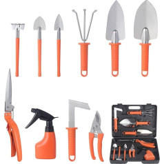 Moendergo 10 Piece Garden Tools Set, Набор садовых инструментов с совком, пересадчиком, граблями, секатором, лопатой и бутылкой с распылителем воды (оранже