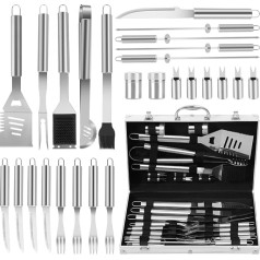 26-teiliges Grillzubehör-Set | Ultimatives Grillwerkzeug für Männer - robustes Edelstahl-Grillutensilien-Set mit Aluminiumgehäuse und Grillbürste für Papa zum Geburtstag und Weihnachten