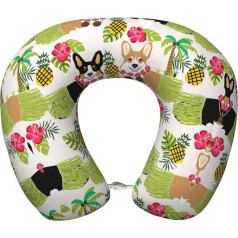 DEXNEL Corgi Hawaiian Tropical Summer Pineapple Airplane Travel Pillow, Memory Foam Pillow, Suitable for Airplane, Sleeping, Travel