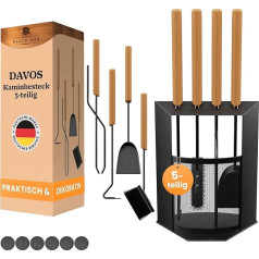 BLACK OAK Davos 5-Piece Fireplace Cutlery Set - Elegant & Decorative Oven Cutlery Set Black with Wooden Handle 5-Piece Stand + Fireplace Tongs Poker Ash Shovel Fireplace Broom Steel Fireplace
