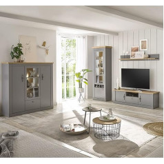 Lomadox Комплект мебели для гостиной в стиле загородного дома со светодиодной подсветкой, в сером цвете с дубом Artisan Nb.