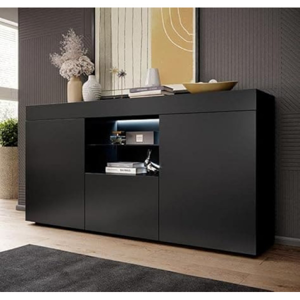 Mb Muebles Bonitos Sefora Буфет для гостиной Столовая Мебель Ширина 135 x Высота 73 x Глубина 34 см Матовый меламин 3 двери Светодиодная подсветка Черный