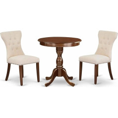 East West Furniture ESGA3-MAH-32 Eden 3-Piece Dining Set for Small Spaces, Includes Round Wooden Table with Base and 2 Light Beige Linen Parson Chairs, 30 x 30 Inch