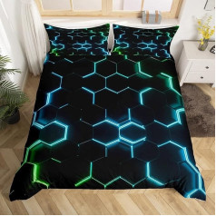 Loussiesd Teal and Black Print Duvet Cover Hexagonal Bedding Set Kids Boys Teens Honeycomb Decor Comforter Cover Beehive Geometric Bedspread Cover Bedroom Collection 2 Pieces