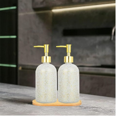 2 Stück Küchenseifenspender Weiß Küche Bad Hände und Geschirr Spender Set Glas Seifenspender mit Pumpe Holztablett für Arbeitsplatte Waschküche Shampoo Lotion (Weiß B)