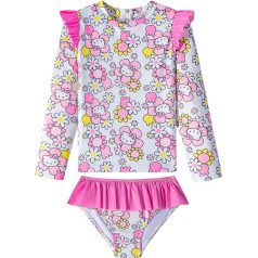 Hello Kitty Baby Girl Rash Guard Swim Set, 2-Piece, цветочный узор, защита UPF 50+, горловина, деталь с оборками (US, Numeric, 10, Regular, Pink & Yellow Floral), белый/розовый