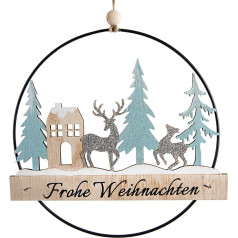 Logbuch-Verlag Hygge Scandi Christmas Wreath Wooden Door Wreath Merry Christmas Wreath for Hanging Decoration Natural Light Blue Diameter 20 cm