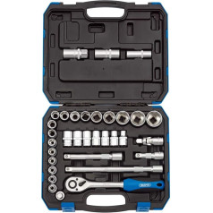 Draper 1,27 см (1/2 Zoll), 33-teiliges MM/AF-Steckschlüssel-Set, Mikrometer-Umschaltwerkzeug, weiche Griff-Ratsche, 17 Metriken, Mechaniker, Auto-Werkzeuge, 7 imperiale Stecknüsse, 3