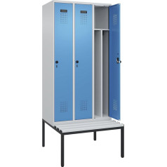 kaiserkraft | Spind Evolo Plus mit Trennwand mittig und Sitzbank | 3 Abteile | Trennwand mittig | lichtgrau/lichtblau | B 900 mm | Sicherheits-Drehriegel | mit untergebauter Sitzbank | Kunststoff