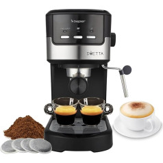 Кофеварка Beper P101CAF100 Duetta Espresso, 1100 Вт, совместима с подушечками и кофейным порошком, кофеварка с двойным носиком, 15 бар, подогреватель чашек, м