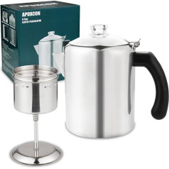 APOXCON 8 Cup Stainless Steel Coffee Maker for Camping and Outdoor Travel Percolator Coffee Pot with Heat Resistant Borosilicate Glass Knob & Stylish Handles for Any Stove Top