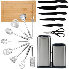 17-Piece Stainless Steel Kitchen Utensil Set (Including Knife Block with Knife, Cooking Utensils Set & Large Chopping Board). Высококачественный набор кухонных столовых приборов с комплектом нож