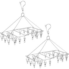WudTus Pack of 2 Clothes Rack with 24 Clips, Stainless Steel Space Saving Dryer Rack for Socks, Bra, Baby Nappies and Hanging Small Items (Total 48 Clips)