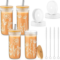 Mumufy 4 Pack 24oz Boho Printed Beer Glasses with 4 Bamboo Lids, 4 Glass Straws, 4 Straw Brushes, 4 Plastic Lids, Coffee Glass Cups, Cute Mug, Coffee Glass, Beer Can for