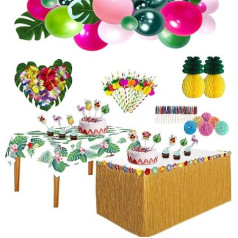 HBell 129 Piece Hawaiian Tropical Party Decoration Set with Luau Table Skirt, Hawaiian Flowers Decorate Balloons, 3D Paper Straws, Beach, Summer Party