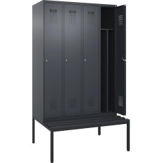 kaiserkraft | Spind Evolo Plus mit Trennwand mittig und Sitzbank | 4 Abteile | Trennwand mittig | grau | B 1200 mm | Zylinderschloss | mit untergebauter Sitzbank | Kunststoff