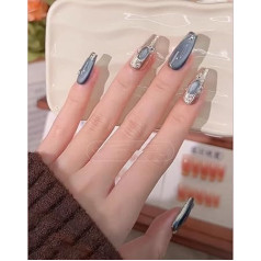 Nagelaufkleber, handgefertigte künstliche Nagelflicken, blau, lang, mit Nägeln, wiederverwendbar (Größe: S)