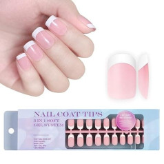DMQ French False Nails Kit, 300 Pieces French Fale Nails Short, Square Pink X-Coat Press On Tips, Pre-Applied Base Coat and Base Coat, Full Coverage, Stick on Nails