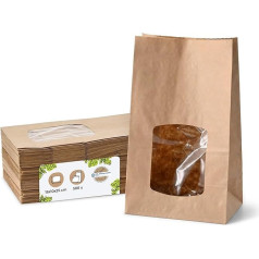 BIOZOYG Пакеты с блочным дном Размер L со смотровым окошком Биоразлагаемые Пакет из 500 крафт-бумажных пакетов без покрытия с окошком из органич