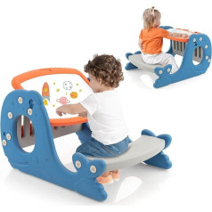 FANTASK Детский мольберт, включая столешницу, доску и скамейку, 4 в 1 Синяя двусторонняя доска в форме кита, стол для рисования Детский стол с по