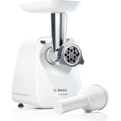 Bosch Fleischwolf SmartPower MFW2500W, elektrisch, klein, kompakt, einstufig, leistungsstark, 1 Edelstahl-Loch-Scheibe 3,8mm, Sicherheits-Schnell-Kupplung, 1500 W Blockierleistung, 350 W, weiß