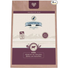 LAKEFIELDS Dried Meat Menu Beef - для взрослых собак - 4 x 1 кг - беззерновой полнорационный корм - мясо и субпродукты из говядины