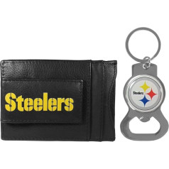 Siskiyou Sports NFL Team Logo Leather Card Holder and Bottle Opener Keyring Bundle, Game Day Fan Accessories (Pittsburgh Steelers - Black, One Size)