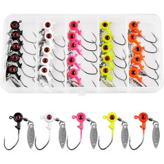 Набор рыболовных крючков для джиг-головок Crappie, 25 штук Underspin Bait Jig Head with Spinner Blade Eye Ball Painted Fishing Jigs for Bass, Trout, Saltwater, Freshwater, 1/16 Oz, 1/8 Ounce 3/16 Oz