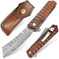 KOMWERO Damask Pocket Knife Складной нож с клипсой, лезвие из дамасской стали, деревянная рукоять, ножны - одноручный нож с подарочной коробкой, для кемп