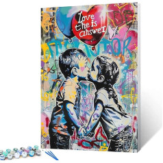 Tucocoo Street Art Paint by Numbers Kits Paint Brushes Acrylic Pigments on Canvas Painting for Adults Graffiti Kissing Loving Balloon Picture for Home Wall Decor Gifts