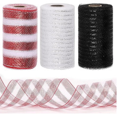 Сетчатая лента Tanstic 3 рулона, рождественская сетка Deco Mesh Metallic Foil White Red Black Mesh Ribbon Rolls for Wreaths, Gift Wrapping, Party Decorations (6 Inches x 10 Yards Per Roll)