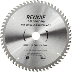 Rennie Tools TCT Диск для циркулярной пилы 260 мм x 30 мм x 60T В комплект входят редукционные кольца с отверстиями 25 мм, 20 мм и 16 мм Совместим с циркулярн