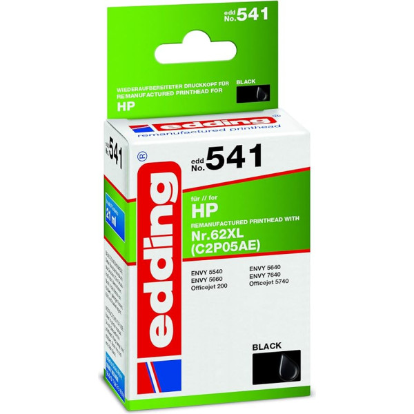 Картридж edding EDD-541 Ink Cartridge - Single Cartridge - Black - 21 ml - Yield 765 Pages - Replaces HP 62XL (C2P05AE)