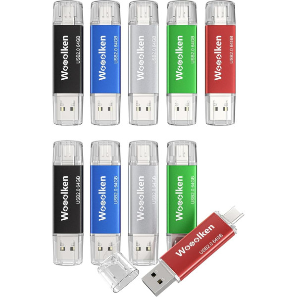 WOOOLKEN USB C Stick 64 GB Pack of 10, USB Stick 2.0 Dual Memory Stick 2-в-1 для Type-C мобильных телефонов/смартфонов/ноутбуков/ПК
