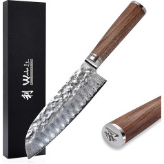 Wakoli Walnut Exclusive Premium Damask Santoku Knife 17.50 cm I Blade I Professional Chef's Knife Made of 67 Layers of Genuine Damascus Steel with Hammered Finish & Handle Made of Exquisite Walnut