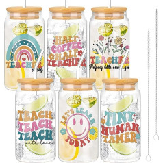 Whaline 6 Pack Teacher Tumblers, Boho Rainbow Flower Iced Coffee Cup, Colorful Beer Glass for Cocktail, Whiskey, Beer, Soda, Gifts for Teachers, 16 Ounce