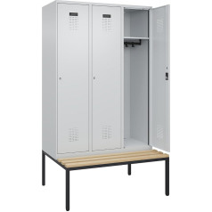 kaiserkraft | Spind Evolo Plus Sitzbank | 3 Abteile | lichtgrau/lichtgrau | B 1200 mm | Zylinderschloss | mit untergebauter Sitzbank | Buche