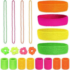 Riisoyu Sweatband Set 80s, 20 Pieces Neon Sweatband 80s Accessories Sports Headband Bracelet Set Colourful Women's Sports Bracelet Absorbent Sweatbands with Necklace
