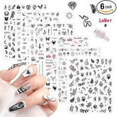 NICENEEDED 6 листов черных наклеек для ногтей в стиле панк, змеиный череп готического дизайна, аксессуары для ногтей, черный смешанный узор для н