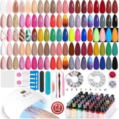 Lavender Violets LA00 73-Piece Gel Nail Polish Set with 54 W UV LED Lamp, 45 + 4 Colours Primer, Base, Matte & Top Coat Semi Transparent Glitter Glow in the Dark Rhinestones Sequin Stickers Manicure