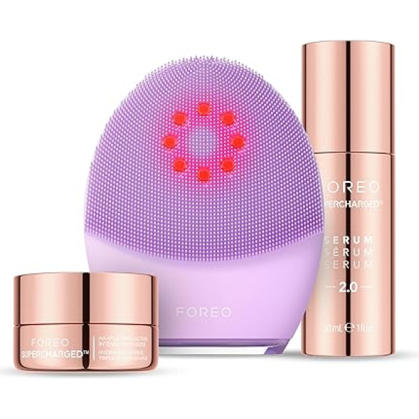 FOREO Firm & Clean Set - Luna 4 plus Facial Cleansing Brush Sensitive Skin + Supercharged Serum 2.0, 30 ml + Night Mask, 15 ml - Near Infrared Light Therapy - Microcurrent Face Device