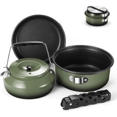 Odoland 5-Piece Camping Crockery Set, Non-Stick Lightweight Pot Pan Kettle Set with a Removable Handle - Perfect for Backpacking, Camping, Hiking and Picnics, Green