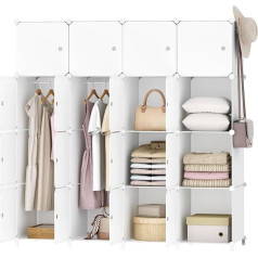 Hoobro EWT44LY01 Шкаф, модульный пластиковый шкаф с 16 ячейками, безболтовая система полок с дверцами и перекладиной для одежды, 2 ряда крючков, 145 x 46