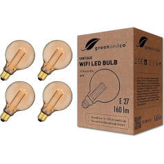 greenandco 4 x Smart WiFi Vintage Design LED Lamp, E27 G95, 3.8 Вт, 160 лм, 1800 K, 320°, 230 В, без мерцания, диммируемая, совместима с Alexa и Google Assistant, WLAN (без концентратора)