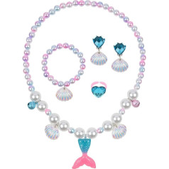 OSDUE Mermaid Jewellery Set Girls, Mermaid Children's Jewellery Includes Necklace, Rings, Bracelets, Earring, Mermaid Children's Jewellery Set for Party Dress Up Gift (Pack of 5)