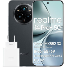 Смартфон Realme 14 Pro+ Android, 8+ 256 ГБ, камера Sony IMX896 OIS, Qualcomm Snapdragon 7s Gen 3 5G, IP69, дисплей 6.83 дюйма 120 Гц, аккумулятор 5260 мАч, серый (с адаптером)
