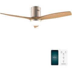 Cecotec - Deckenventilatoren mit Licht EnergySilence Aero 5600 Aqua GoldWhiteWood Connected, 132 см, 40 Вт, LED LED 20W, 3 Flügel, 6 Selecte, Timer/Sommer/Sommer, Kontroll-WLAN, Gold, Schwarz-Brun