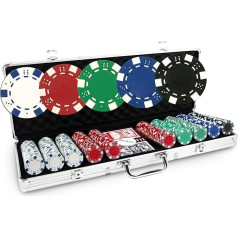 Кейс Dice Basic 500 фишек - Кейс Poker 500 покерных фишек 11,5 г + алюминиевый кейс + 2 карточные игры + кнопка дилера